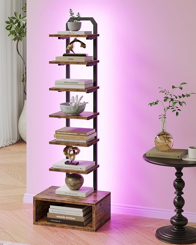 8-Tier Bookshelf, LED Bookcase with Semi-Open Bottom, Small Space Standing Sh...
