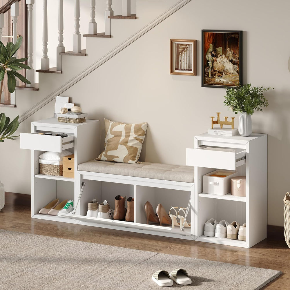 Entryway Bench with Shoe Storage, Solid Wood Shoe Bench with Cushion and Draw...