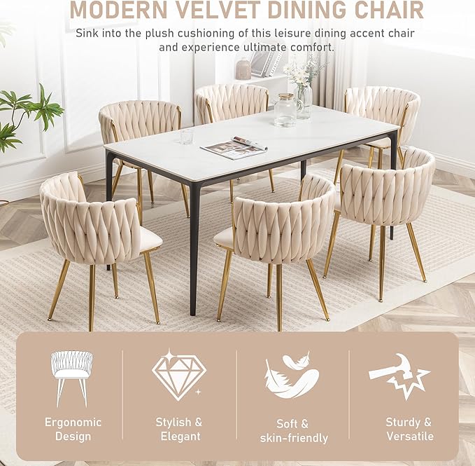 Kiztir Velvet Dining Chairs Set of 6 Upholstered Modern Dining Room Chairs with Woven Back and Gold Metal Legs for Living Room, Bedroom, Kitchen (Beige)