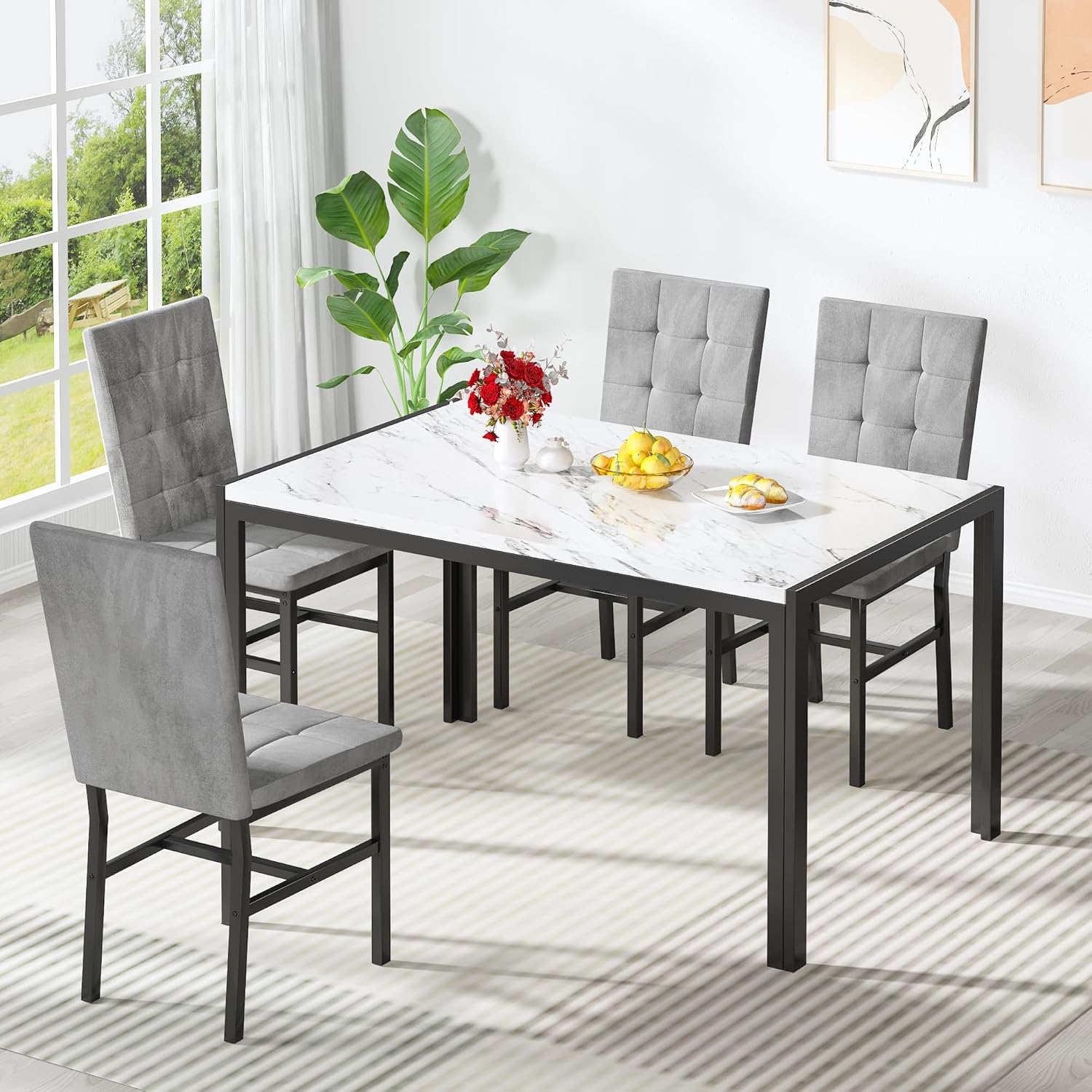 DKLGG 5-Piece Dining Table Set for 4, Faux Marble Kitchen Table Chairs Set of 4 with Upholstered Chairs, Modern Dining Room Table Set for Small Spaces (White+Tufted Grey)