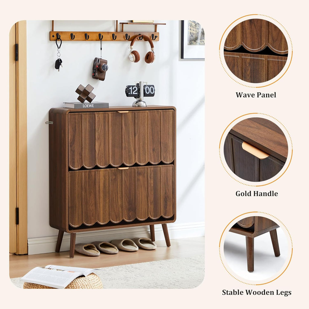 Shoe Storage Cabinet for Entryway with 2 Flip Drawers, Freestanding Narrow Wood Shoe Cabinet with Wave Panel, Hidden Shoe Organizer for Foyer, Hallway (Walnut)