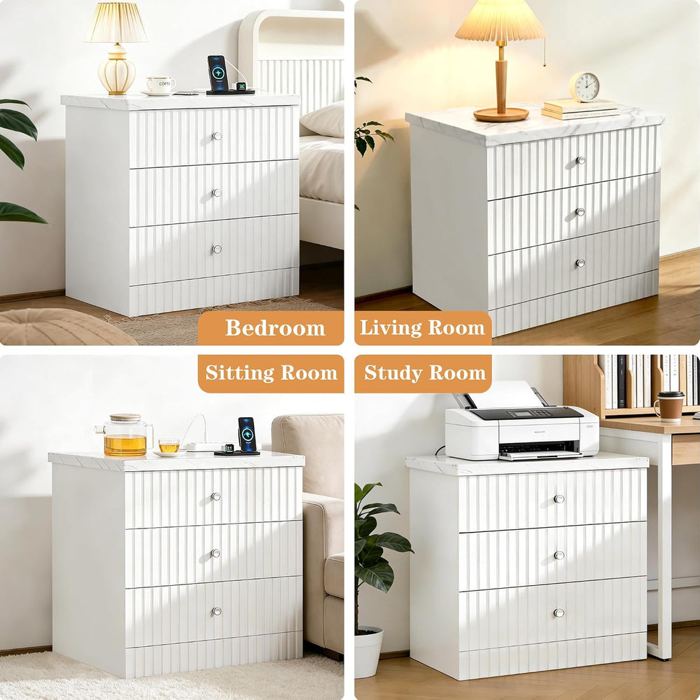 AWQM White Nightstand Set of 2, Night Stand with Charger Station and 3 Drawer...