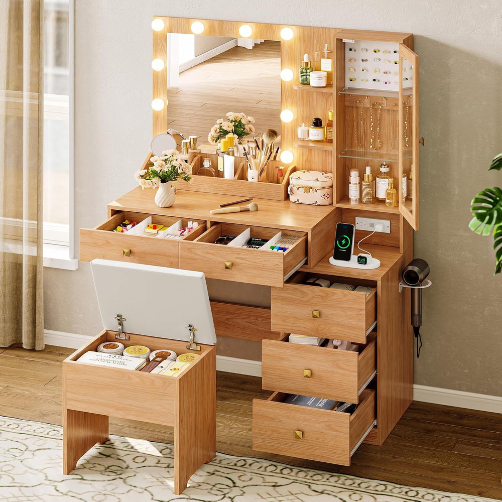 HUANLEGO Vanity Desk with Mirror and Lights & LED Glass Cabinet, Oak | Ma...