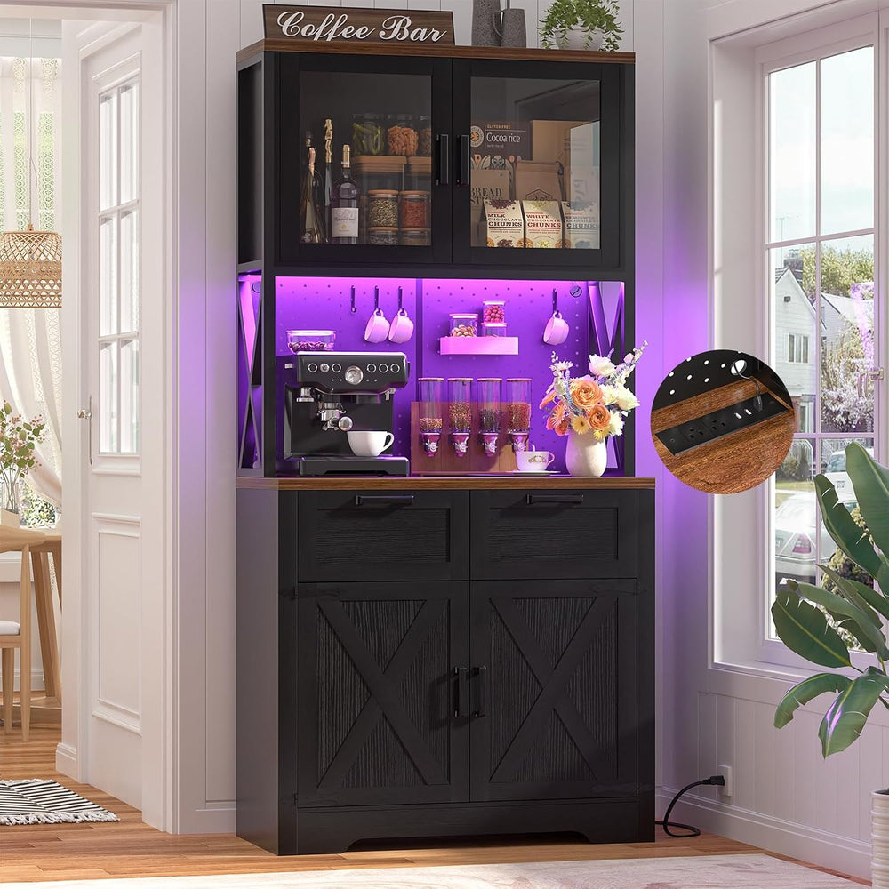 Unikito 71" Kitchen Pantry Cabinet with LED Light & Outlet, Microwav...