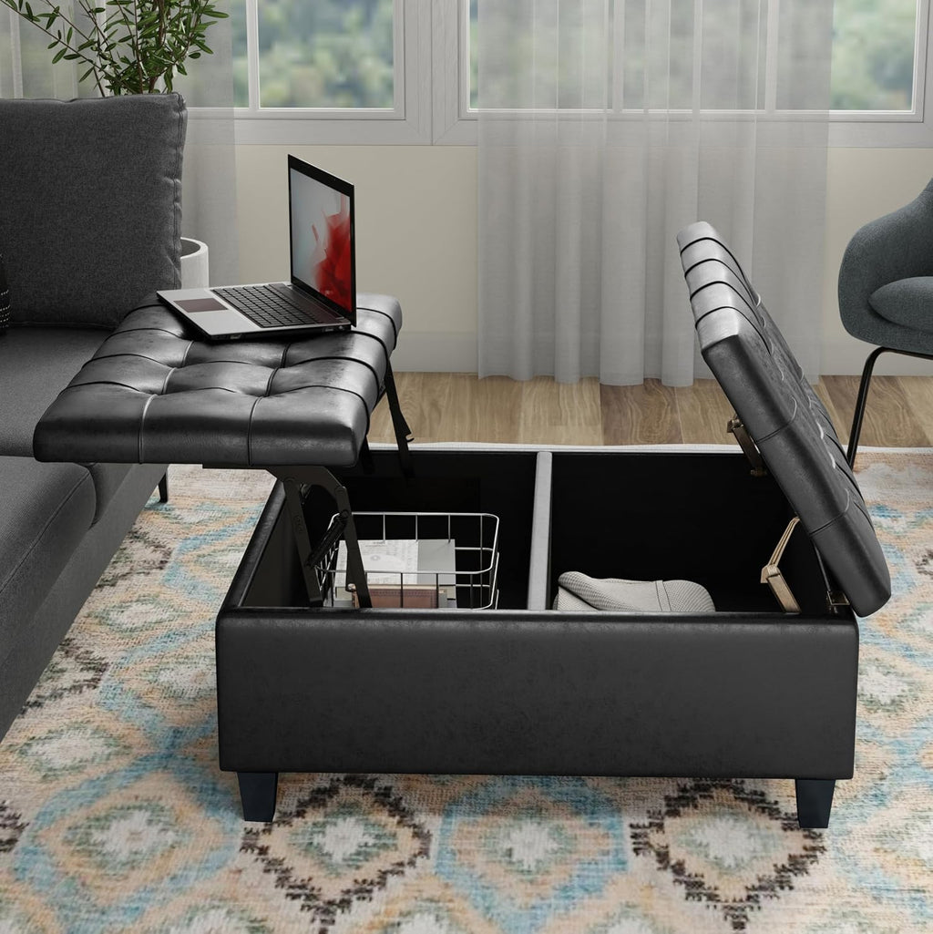 SIMPLIHOME Harrison Coffee Table Storage Ottoman - 36 inch Wide Upholstered Vegan Leather Square Ottoman in Distressed Graphite Black, Transitional Ottoman for Living Room with Split Lift-Up Lid