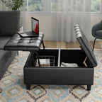 SIMPLIHOME Harrison Coffee Table Storage Ottoman - 36 inch Wide Upholstered Vegan Leather Square Ottoman in Distressed Graphite Black, Transitional Ottoman for Living Room with Split Lift-Up Lid