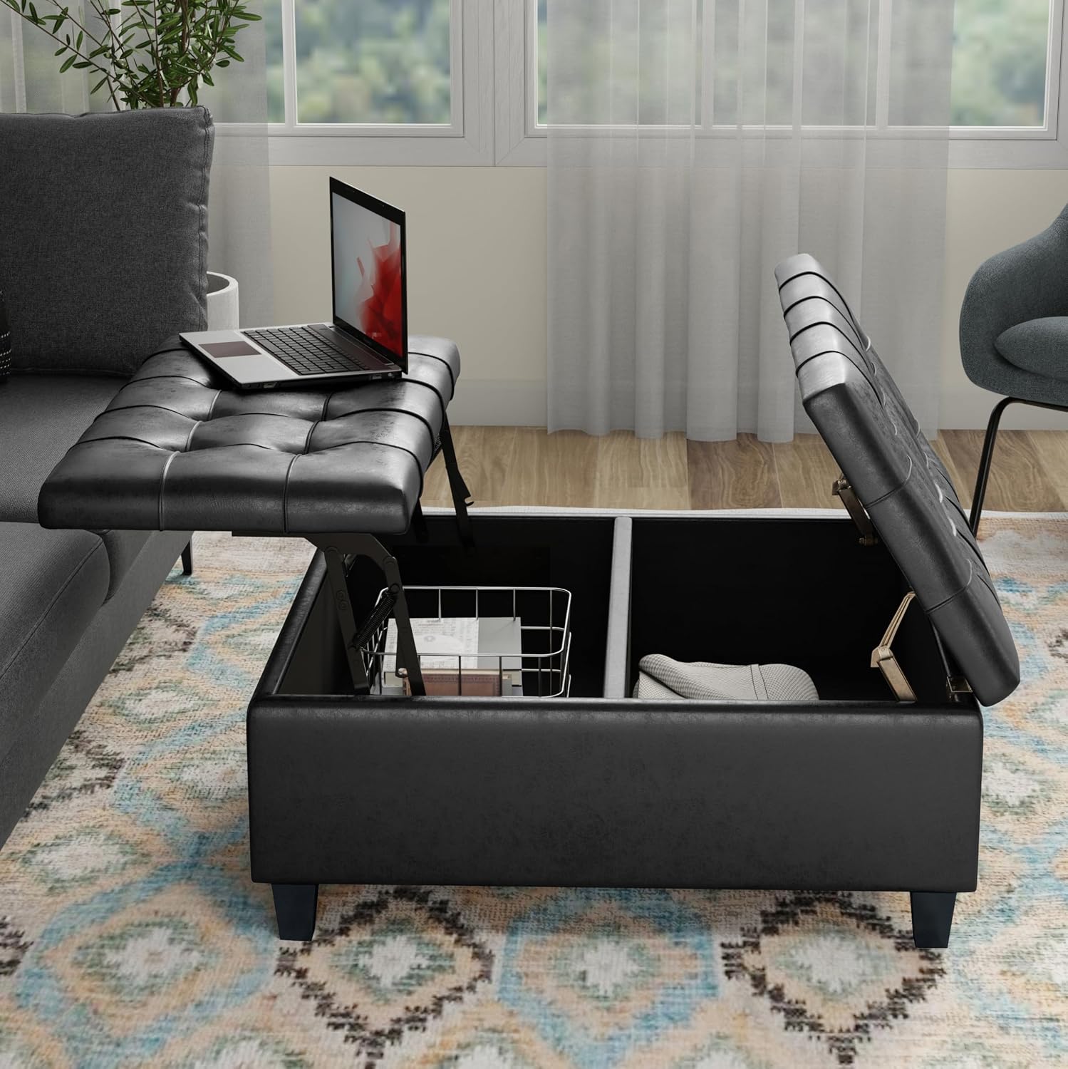 SIMPLIHOME Harrison Coffee Table Storage Ottoman - 36 inch Wide Upholstered Vegan Leather Square Ottoman in Distressed Graphite Black, Transitional Ottoman for Living Room with Split Lift-Up Lid
