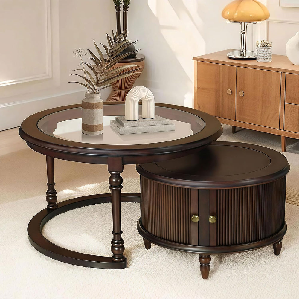 31.5'' Nesting Coffee Table Set of 2, Solid Wood Round Nesting Coffee...