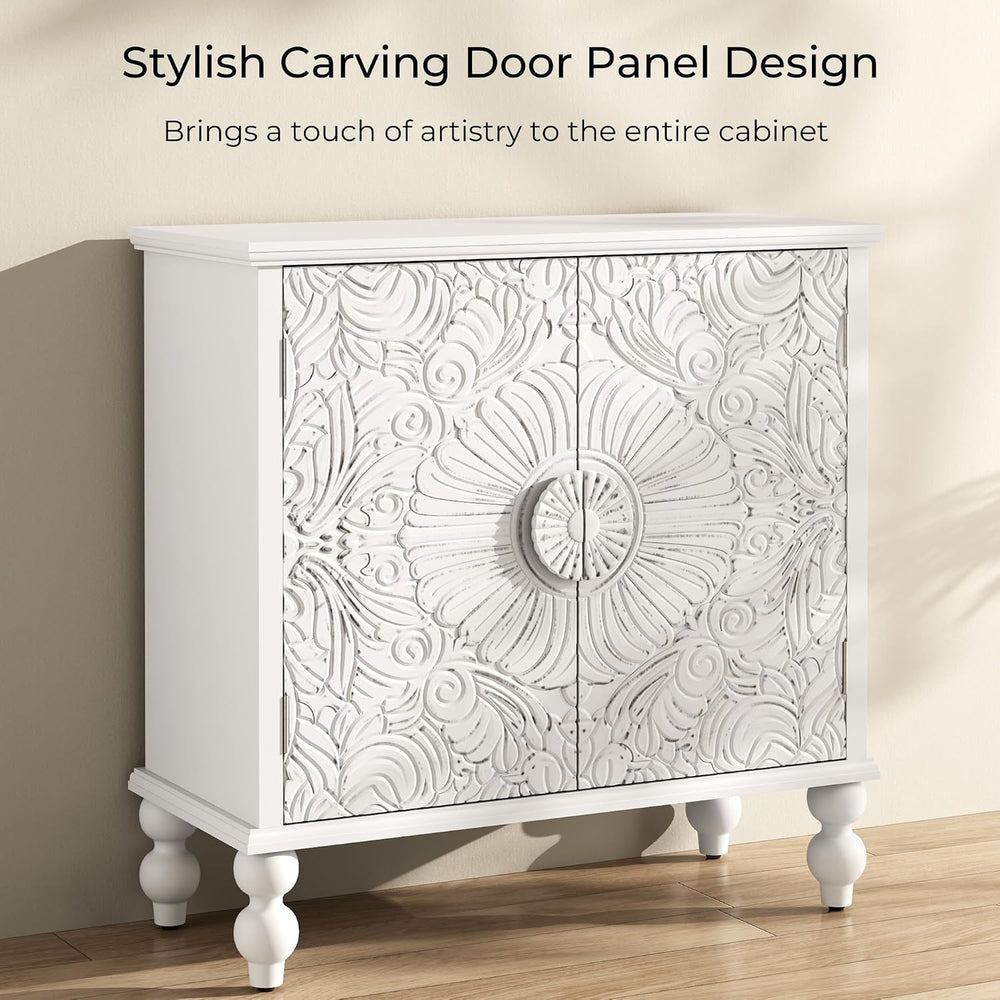 Solid Wood Buffet Cabinet, Accent Cabinet, 2 Carved Doors, White