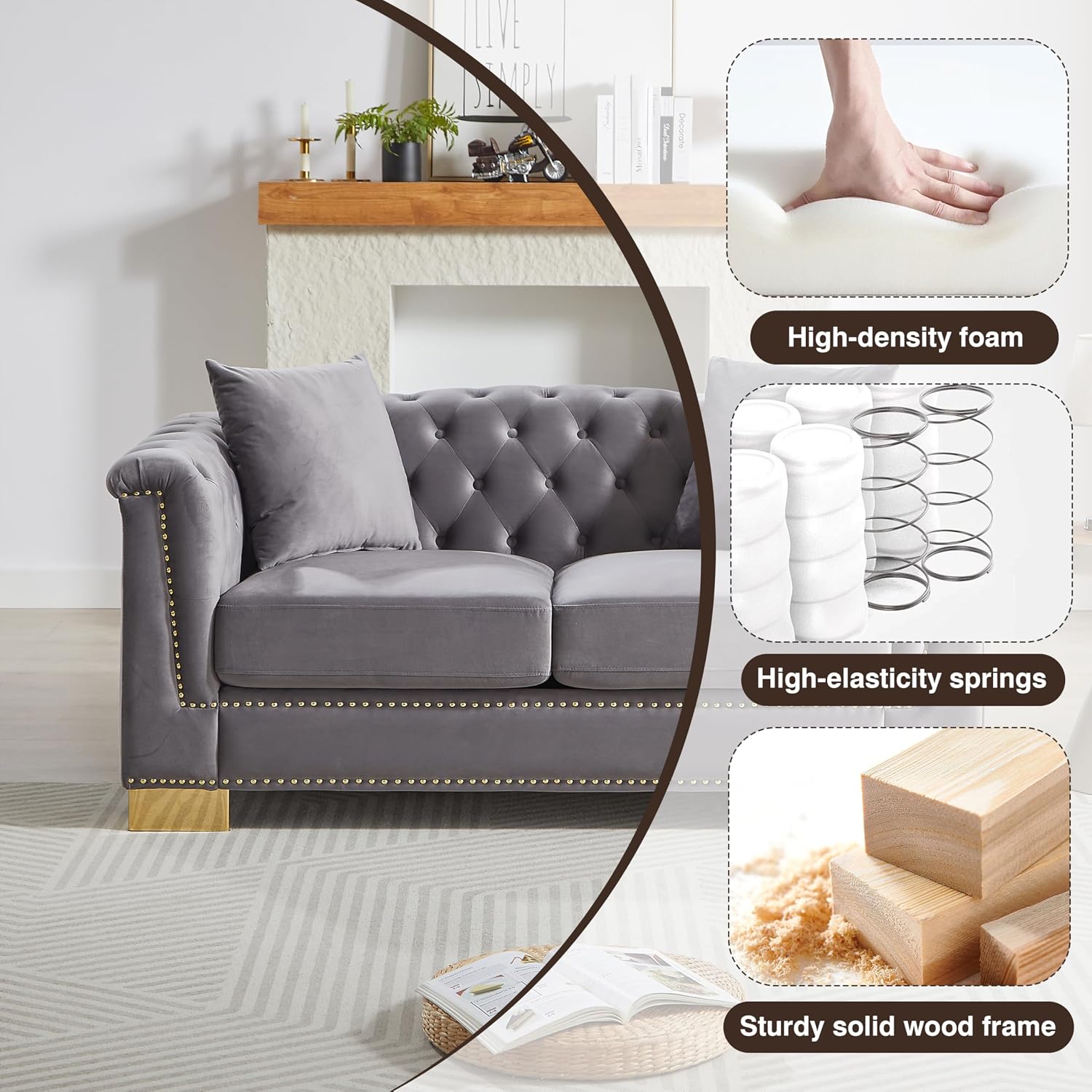 Harper & Bright Designs 62" Chesterfield Sofa Velvet Two-Seater, Modern Classic Rolled Arm Button Tufted Sofa with Nailhead Decor, Cloud Couch Loveseat for Living Room, Apartment (Grey)