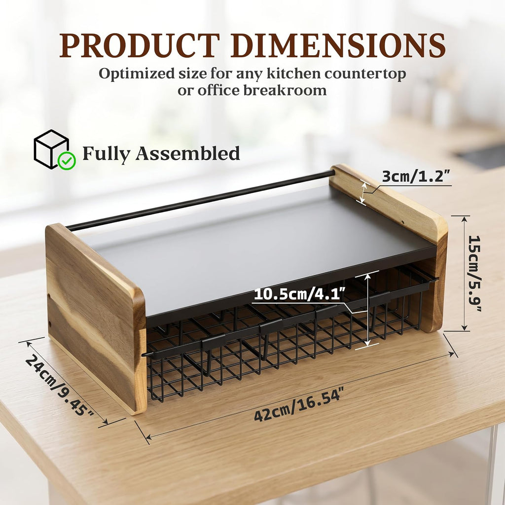 Acacia Wood Tea Bag Organizer for Countertop, 2-Tier Tea Box Storage Chest with Adjustable Dividers & Drawer, Fully Assembled Tea Station Display Holder for Kitchen Office, Rustic Brown