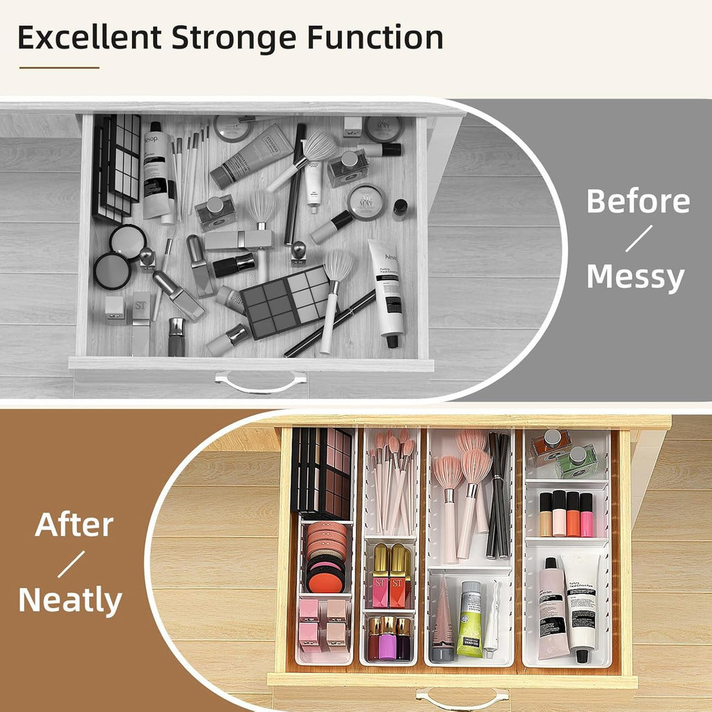 Desk Drawer Organizer Tray 4 PCS Plastic Office Drawer Organizer Bins Junk Organizer Divider with Non-Slip Silicone Pads, Makeup Vanity Organizer for Drawer, White