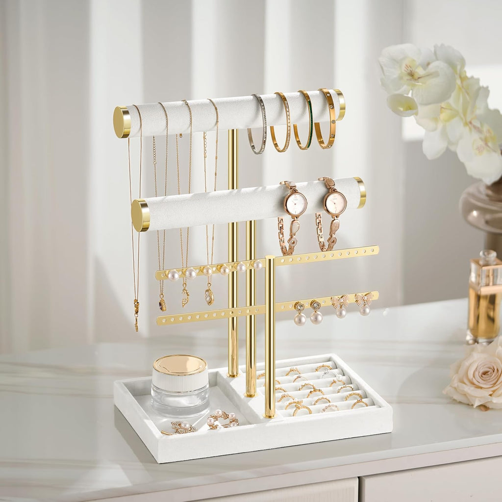 3 Tier Bracelet Holder Display - Detachable T Bar White Velvet Bracelet Holder, Jewelry Holder Organizer for Bracelet, Necklace, Earrings, Rings