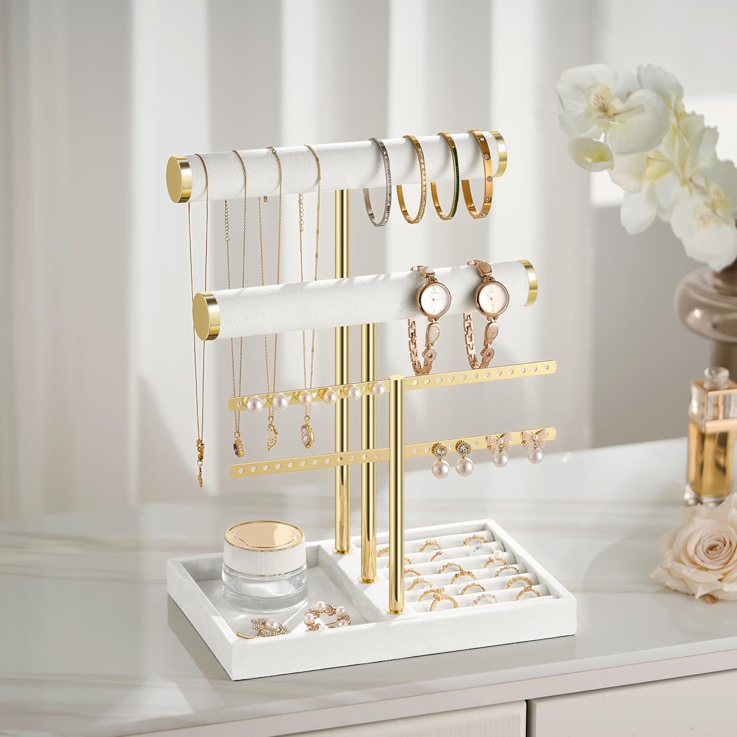 3 Tier Bracelet Holder Display - Detachable T Bar White Velvet Bracelet Holder, Jewelry Holder Organizer for Bracelet, Necklace, Earrings, Rings
