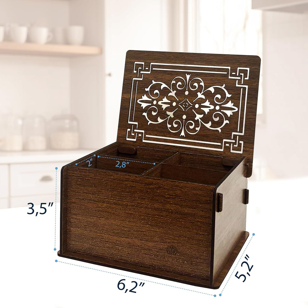 RoyalHouse Premium Wood Tea Storage Box Organizer, Tea Bag Holder Containers (Brown), Eco-Friendly Multi-Functional Decorative Box, 4 Compartments For Assorted Variety Of Small Items | Eco Friendly Design,Functional Organizer,Perfect for Tea Bags & Small