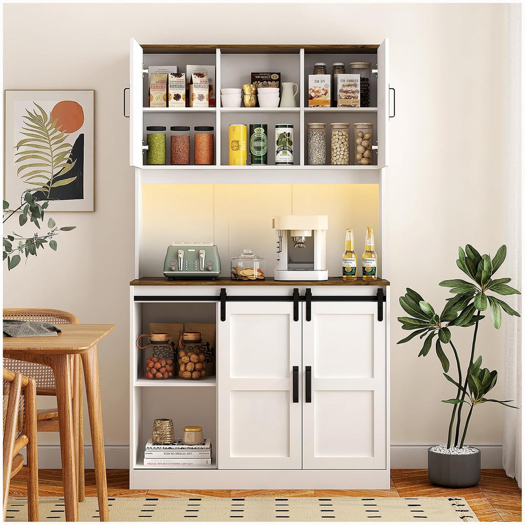 74" High Kitchen Pantry Cabinet, Large Kitchen Buffet with U+B Charging Port, 3 Shelves and 1 Drawer for Dining Room, Living Room, White