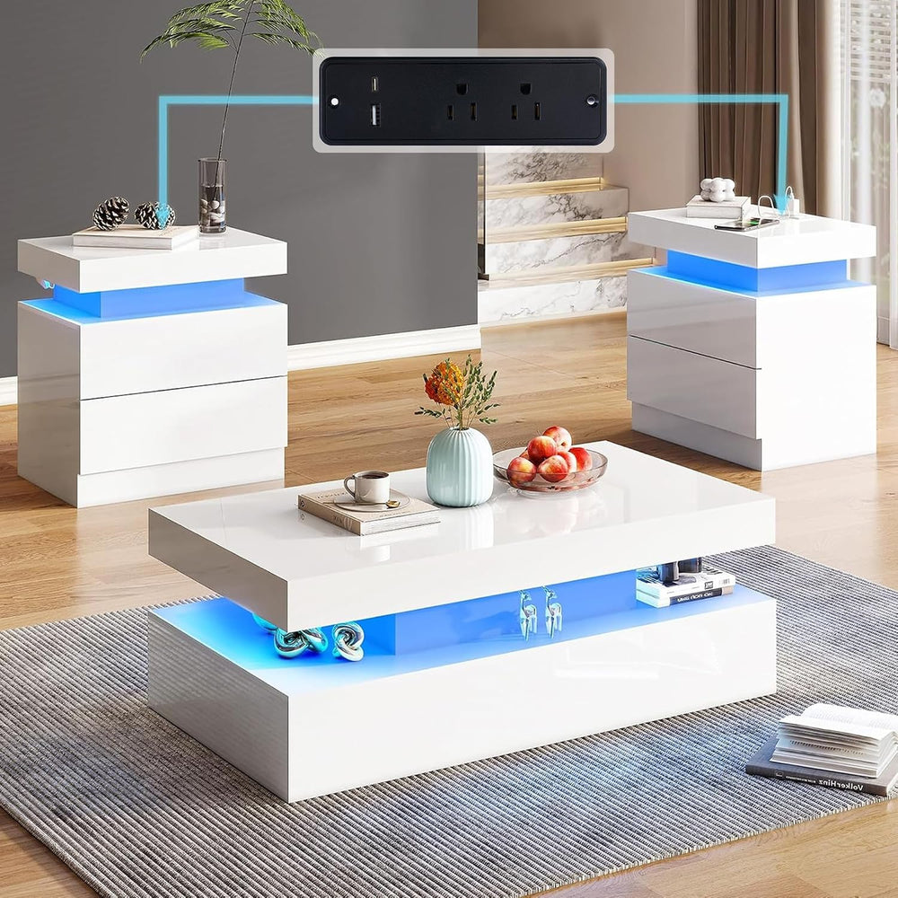 AMERLIFE 3-Piece High Gloss Coffee Table Set with LED Lights | Bedside Nights...