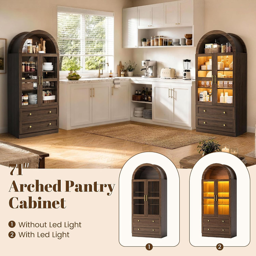Pamapic Arched Kitchen Pantry Cabinet, 71" Tall Arched Cabinet with LED ...