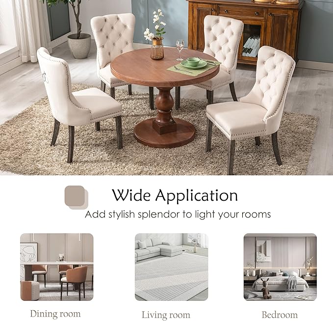 KCC Velvet Dining Chairs Set of 2, Upholstered High-end Tufted Dining Room Chair with Nailhead Back Ring Pull Trim Solid Wood Legs, Nikki Collection Modern Style for Kitchen, Beige