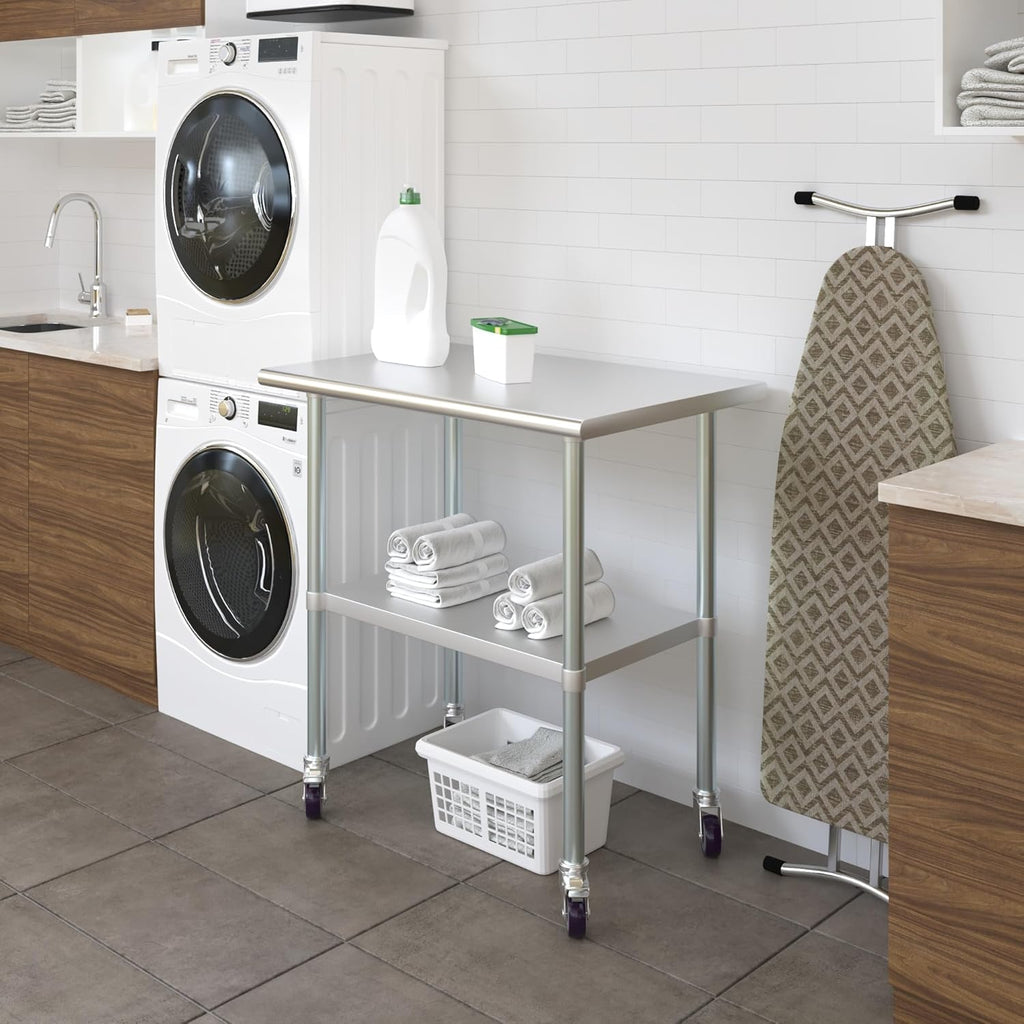 AmGood 24" x 36" Stainless Steel Work Table with Casters | Heavy Duty Metal Utility Table On Wheels | Kitchen Island Cart