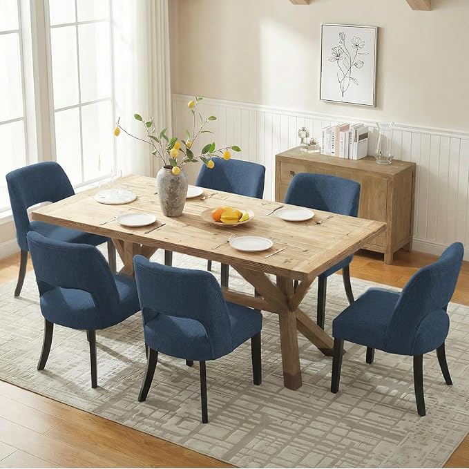 keoni Wooden Dining Chairs Set of 2, Mid Century Modern Upholstered Dining Room Chairs with Black Wood Legs, Fabric Farmhouse Kitchen Chairs with Foot Pegs for Dining Room, Blue