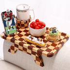 Checkered Rubber Wood Couch Arm Tray, Sofa Armrest Tray with Rotating Cup Holder & Phone Stand, Large Clip-on Sofa Side Table Furniture for Drinks & Remote, 15.36"x9.85", Gift Box
