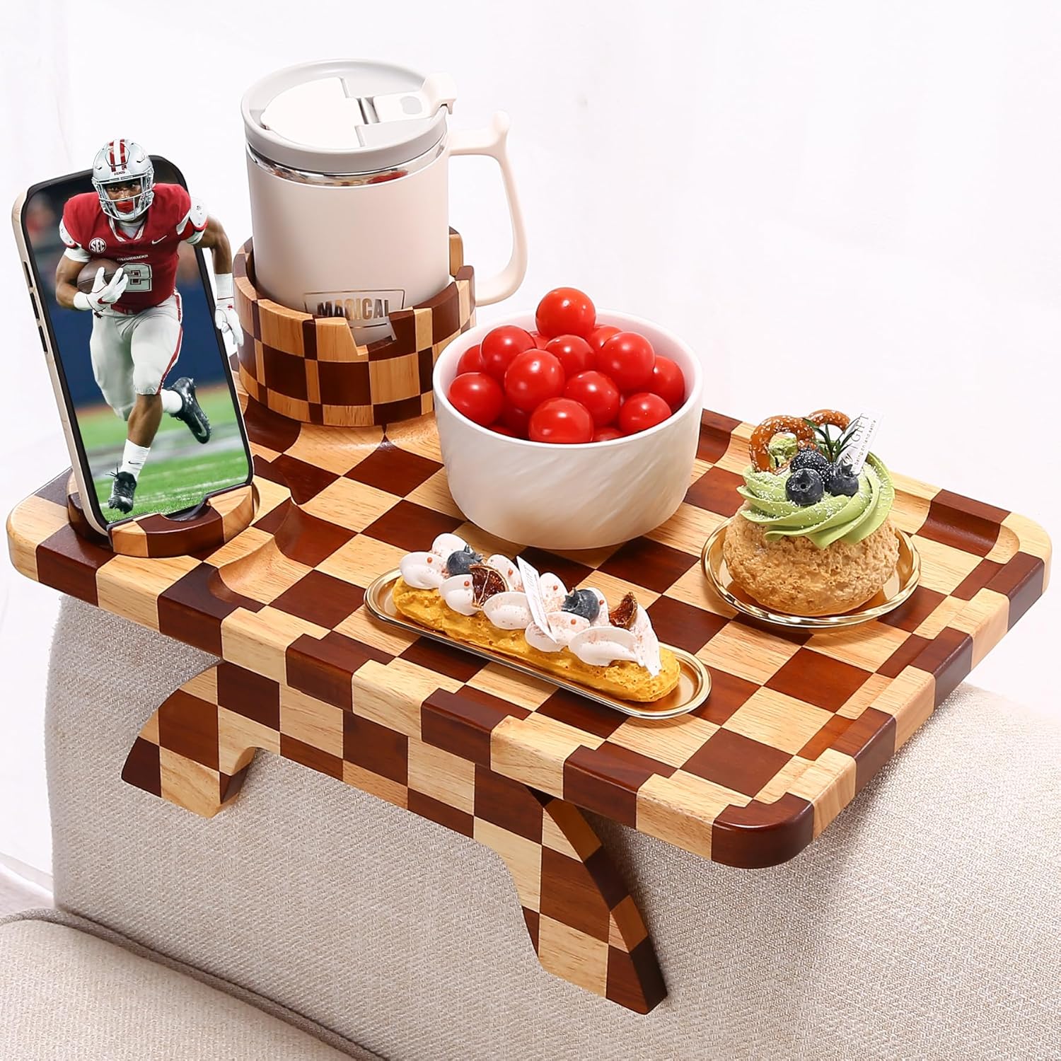 Checkered Rubber Wood Couch Arm Tray, Sofa Armrest Tray with Rotating Cup Holder & Phone Stand, Large Clip-on Sofa Side Table Furniture for Drinks & Remote, 15.36"x9.85", Gift Box