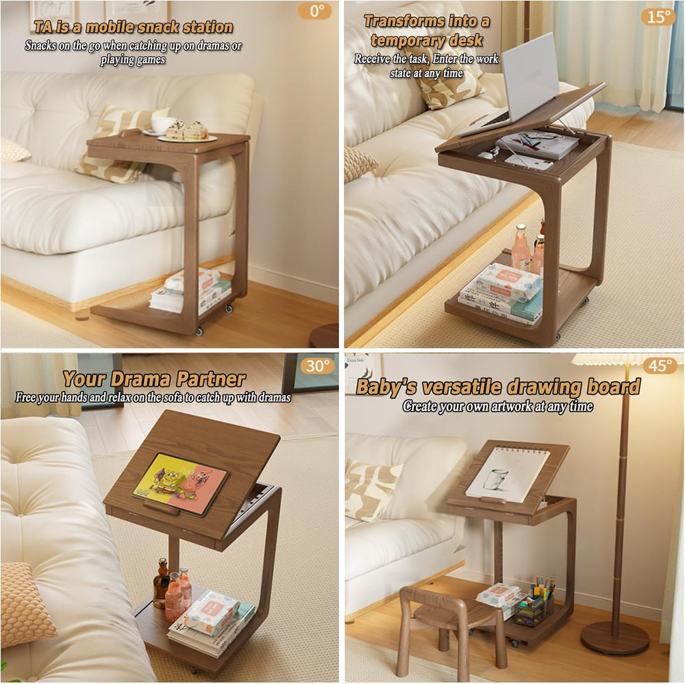 C Shaped Adjustable Solid Wood TV Tray Table with Wheels - Removable Side Tab...