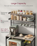 VASAGLE Bakers Rack with Power Outlet, 35.4 Inches Microwave Stand, Coffee Bar, 4 AC Outlets, with Adjustable Shelves, 8 S-Hooks, Basket, Spice Racks, Heather Greige and Ink Black UKKS031K02
