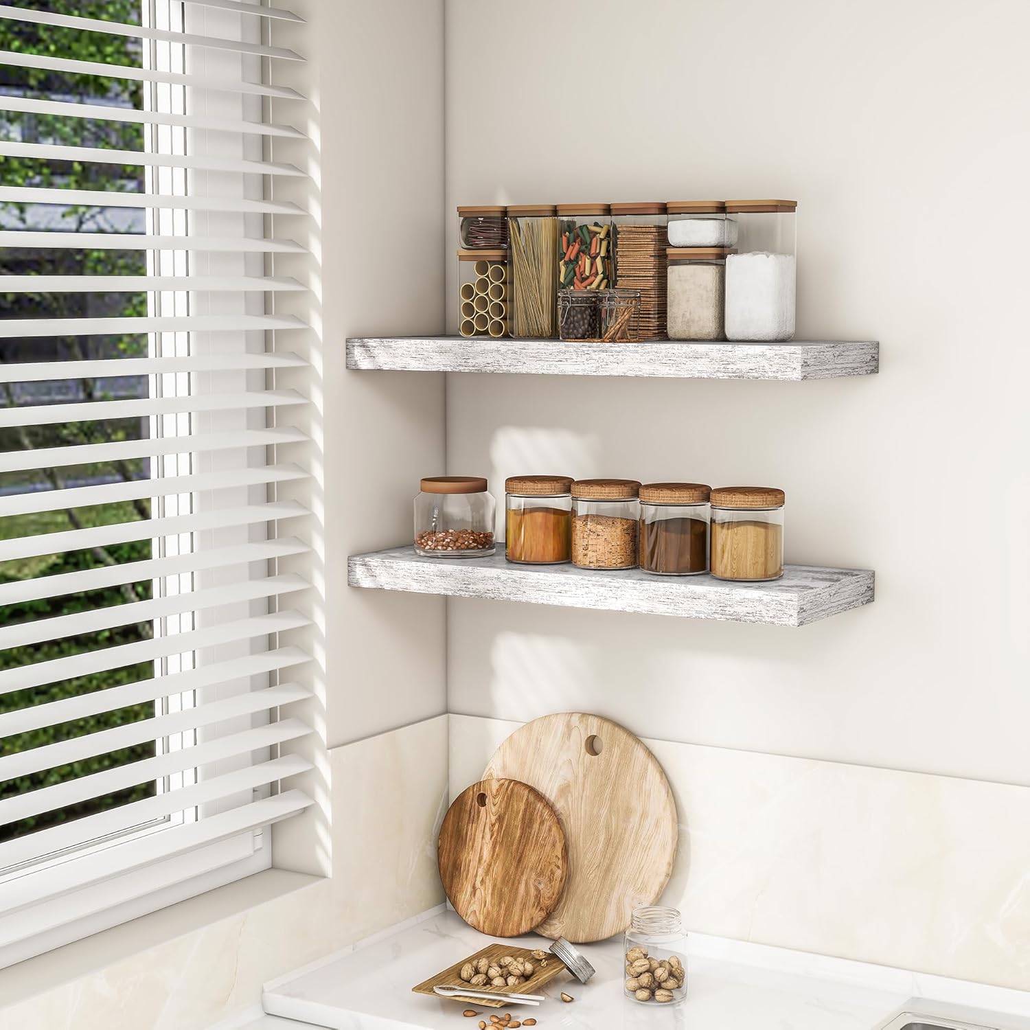 RICHFOCUS 31.5Inch Floating Shelves for Wall 2 Pack Shelves for Bedroom|Kitchen|Bathroom Wall Mounted Rustic Distressed Wood Floating Shelf with Invisible Brackets for Books|Storage|Decor, Rustic