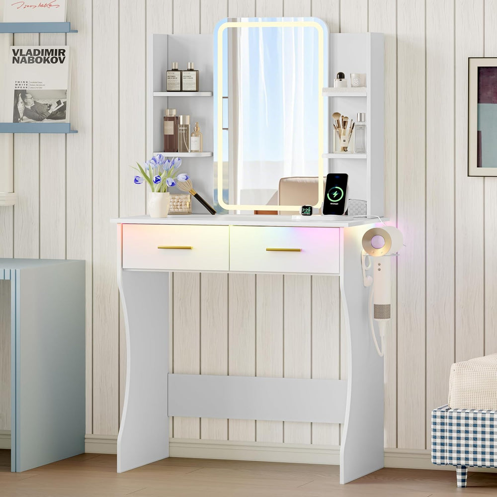 Xixini Vanity Desk with LED Lights Mirror & Power Outlet, Small Makeup Va...