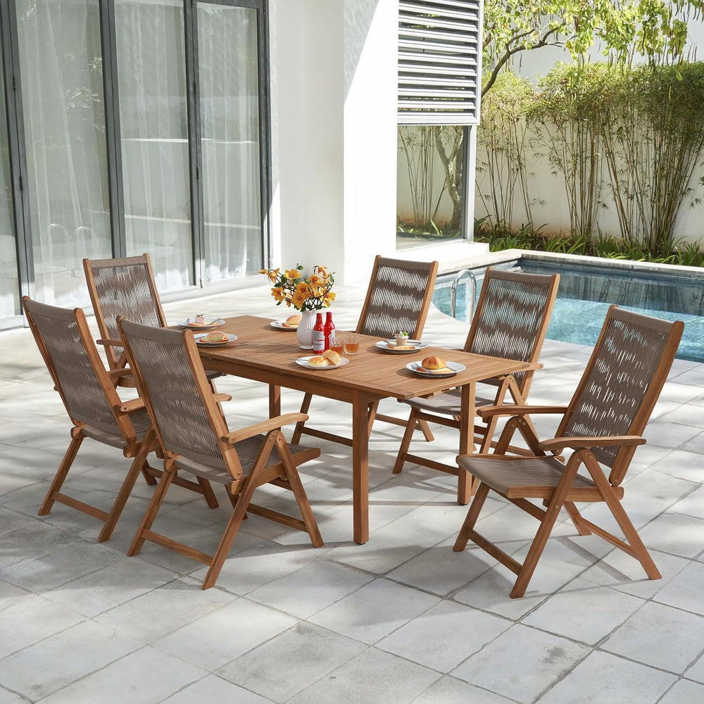 Folding Patio Chair Set of 6, Wooden Rope Recliner, Beige