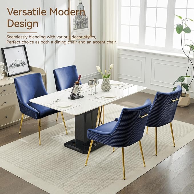 Velvet Dining Chairs Set of 2 Gold Legs,Upholstered Velvet Accent Chairs, Pleated Back Design & Gold Pull Handle, Mid Century Modern Chairs for Dining/Kitchen/Living Room,Blue