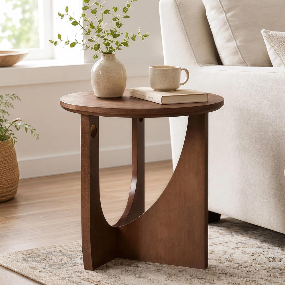 100% Solid Wood Round Side Table, 19.7'' Walnut Brown Small End Table...