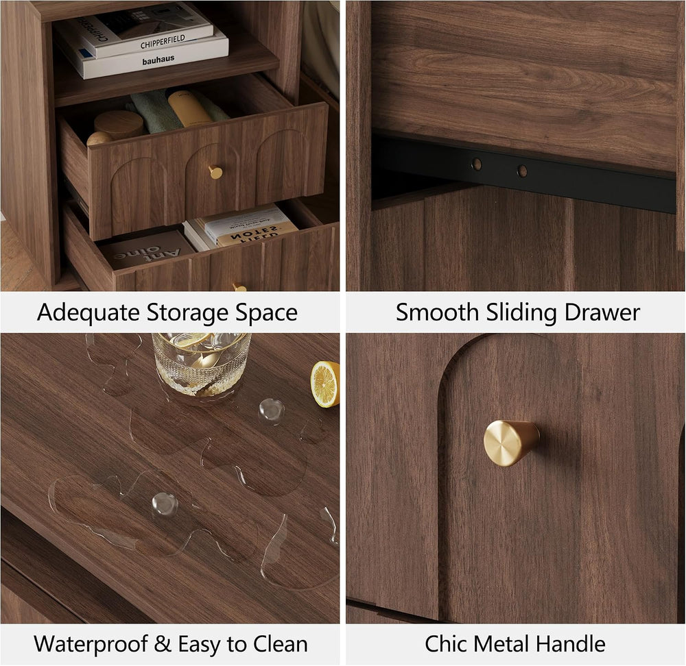 FORTUNETEC 17.7" Nightstand with Charging Station, Arched Design, Walnut