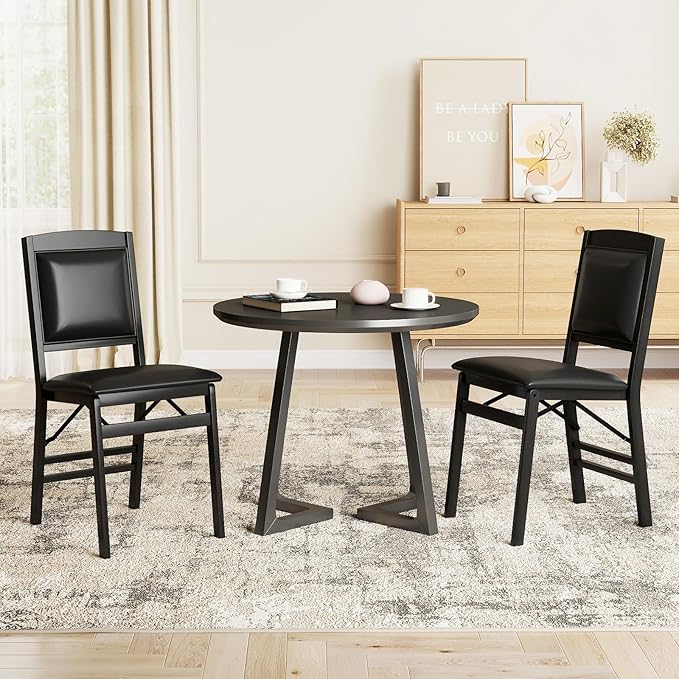 Giantex Folding Dining Chairs Set of 2, Black Wood Kitchen Chair w/Padded Seat, Solid Wood Frame, Max Load 400 Lbs, No Assembly, Easy to Store Foldable Wooden Dining Chairs for Apartment, Small Space