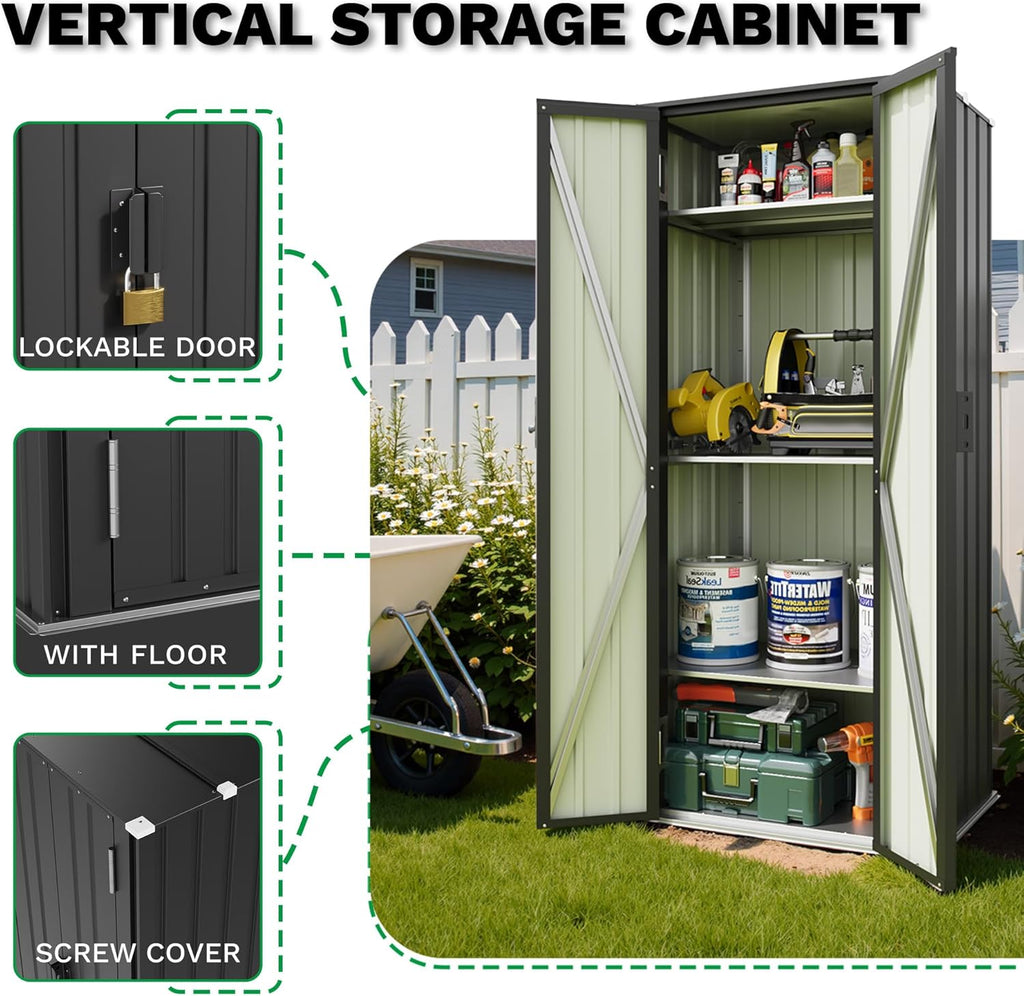 Patiowell 28 Cuft Outdoor Storage Cabinet, Metal Storage Shed with Lockable Door & 3 Adjustable Shelves, Indoor Outdoor Vertical Waterproof Tool Shed for Backyard Garden Patio, Black