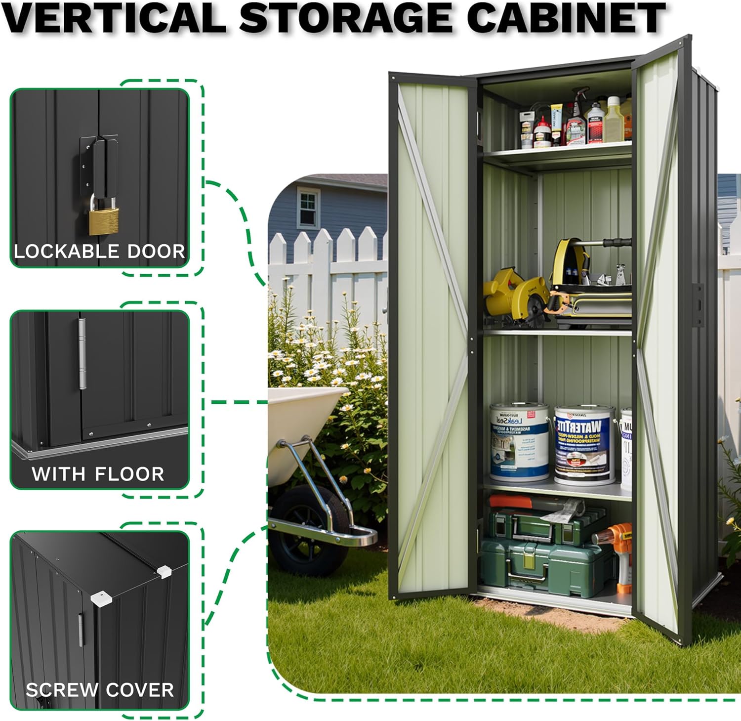 Patiowell 28 Cuft Outdoor Storage Cabinet, Metal Storage Shed with Lockable Door & 3 Adjustable Shelves, Indoor Outdoor Vertical Waterproof Tool Shed for Backyard Garden Patio, Black