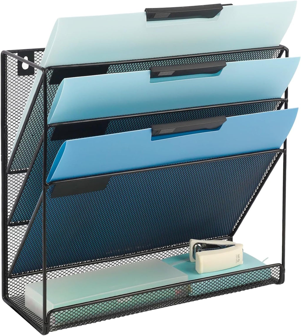EASEPRES Desk File Organizer Mesh 4-Tier, Hanging Wall Mount Document Organization Stand, Desktop Vertical Mail Paper Folder Holder Rack with Bottom Tray for Office Home Cubicle Countertop, Black
