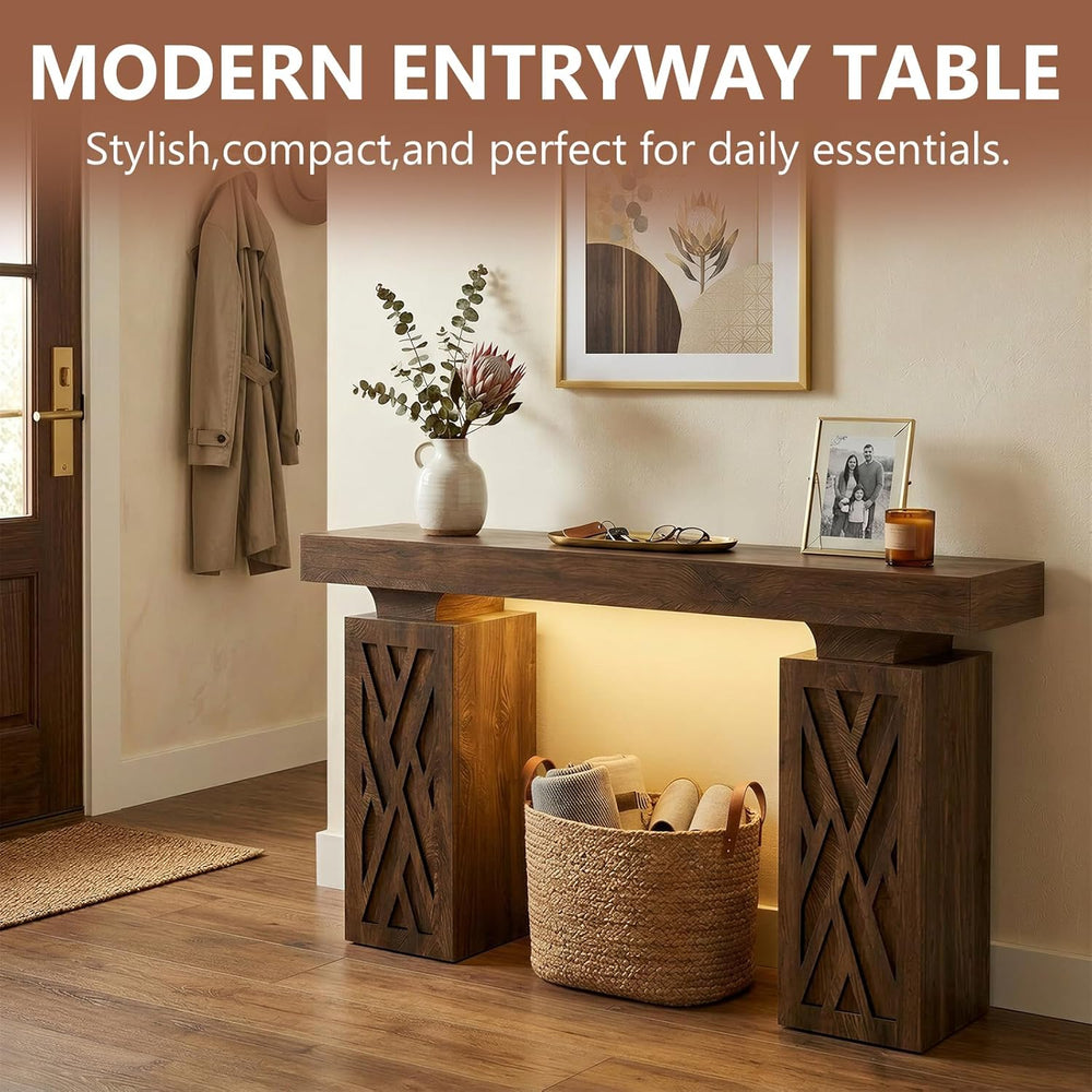 63-Inch Modern Console Table with LED & Outlet, Farmhouse Entryway Table ...