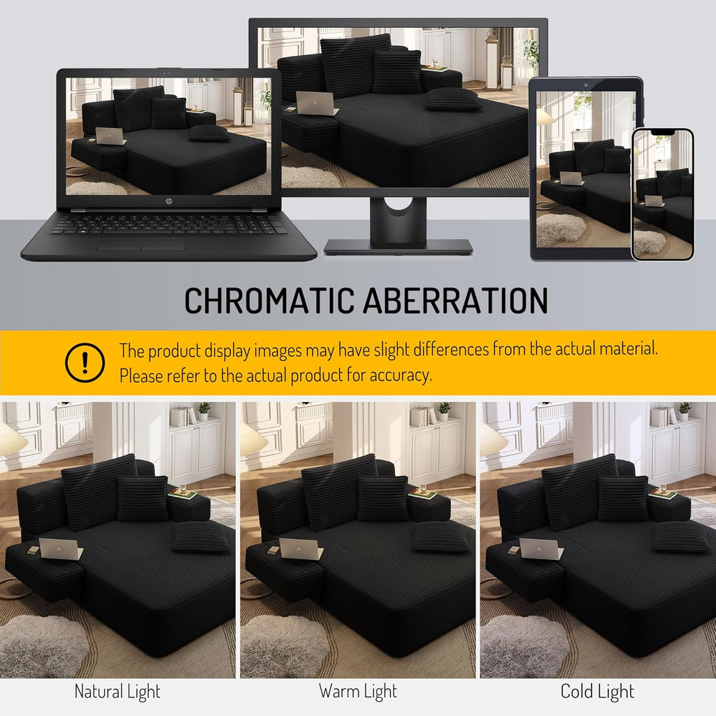 Avenix 70" Oversized Boneless Chaise Lounge Chair Indoor, Corduroy Comfy Oversized Reading Sleeper Chair Boneless Sofa Couch Bed with 3 Fluffy Pillows, No Assembly Required, Black
