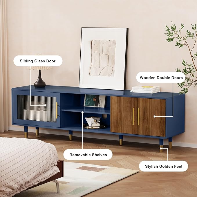 66” TV Stand with Glass Sliding Door, Mid Century Modern TV Cabinet for TVs up to 75 inch, Entertainment Center with Storage Cabinet, Television Console for Living Room, Bedroom, Blue