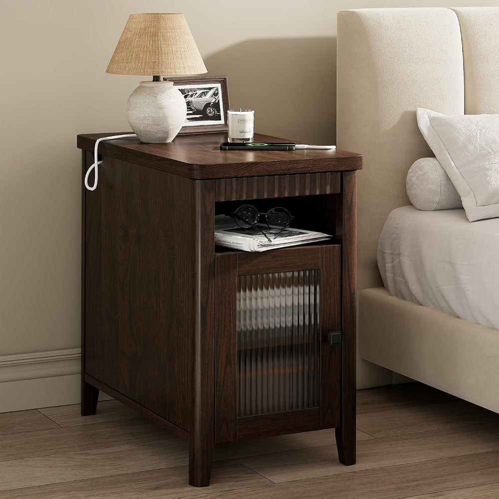 iPormis End Table with Charging Station, Narrow Side Table for Living Room, F...
