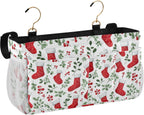 Red Stockings Holly Christmas Bedside Caddy for Dorm Bed Bedside Hanging Caddy Bag Iron Frame Storage Organizer Pocket for Bunk Home College Hospital Beds 2 Hooks