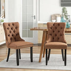 Linen Upholstered Dining Chairs Set of 6, Modern Style Kitchen Side Chairs with Nailhead Trim and Wood Leg, Metal Pulling Ring for Dining Room Living Room(Coffee,Set of 6)