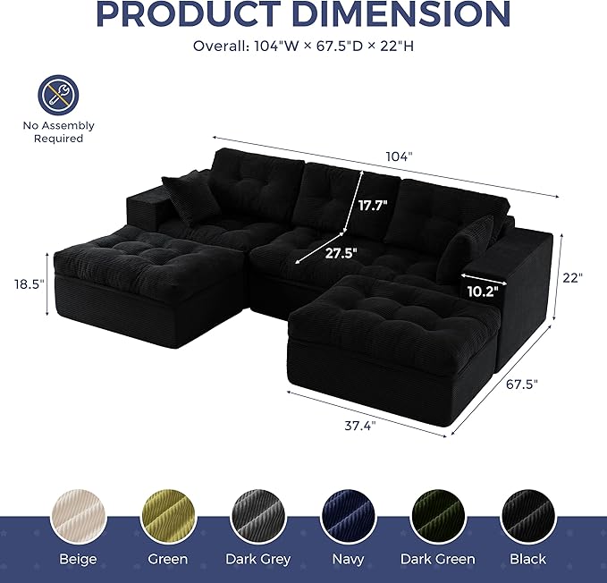 MAXYOYO 104" U Shaped Modular Sectional Sofa with 2 Ottomans, Cloud Boneless Couch with Layered Cushion, Flexible Module Combination Sofa for Living Room, No Assembly Required, Black