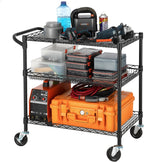 Finnhomy 3 Tier Heavy Duty Commercial Grade Utility Cart, Wire Rolling Metal Trolley with Handle Bar, Steel Kitchen Service Cart with Wheels, Food Storage Trolley on Wheels, NSF Listed, Black