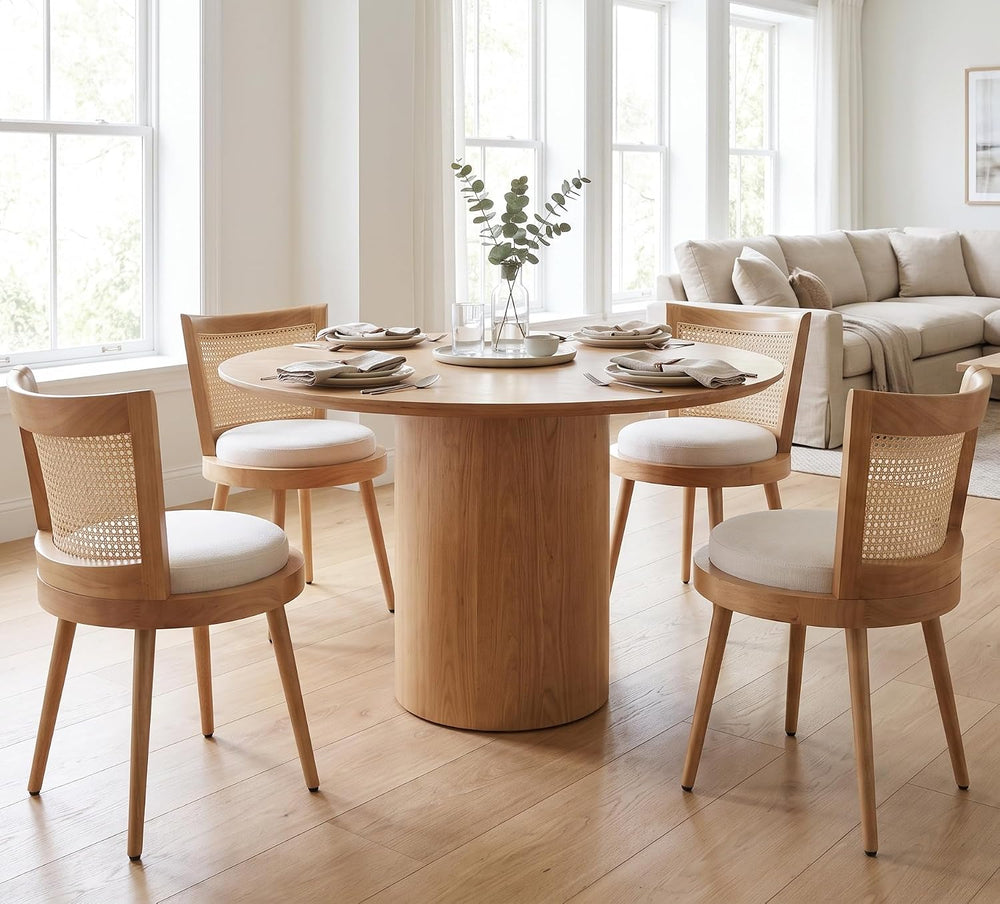 RIVOVA Modern Farmhouse Rattan Dining Chairs Set of 4 Natural Wood Kitchen Ch...