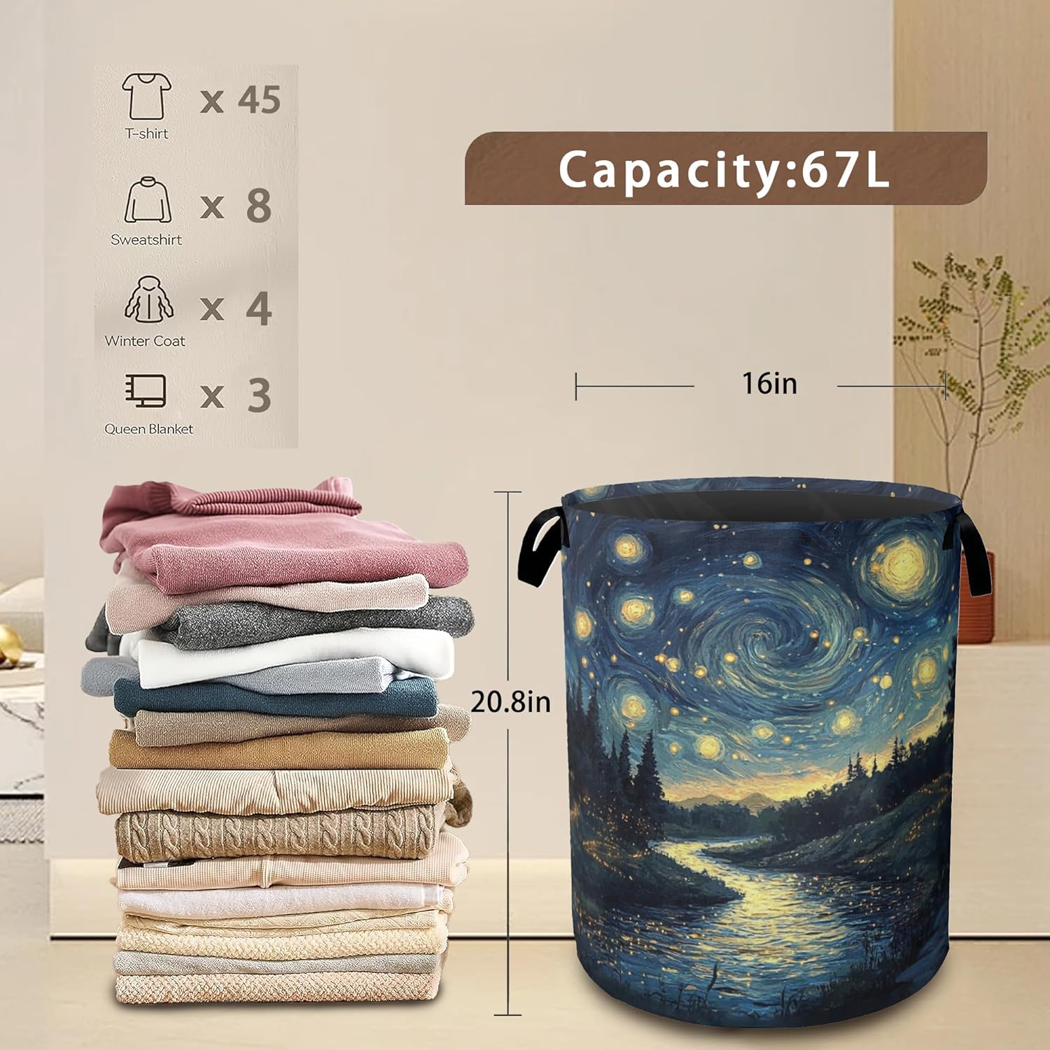 Night Sky Laundry Hamper,Collapsible Laundry Baskets,Stream Fireflies Dirty Clothes Baskets with Handles,Oxford Cloth Hamper for Bedroom,Bathroom,College Dorms, 16"x20"