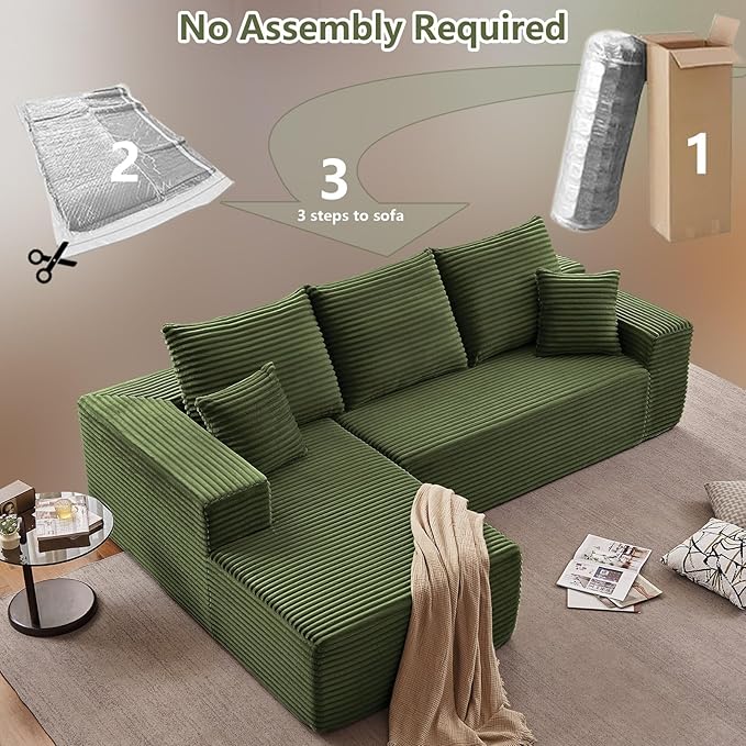 107" Cloud Sectional Couch with L-Shape Chaise, Modern Modular Comfy Sofa with Deep Seat, Upholstered Corduroy Couches Sleeper Chaise Longue for Living Room Bedroom, No Assembly Required, Green